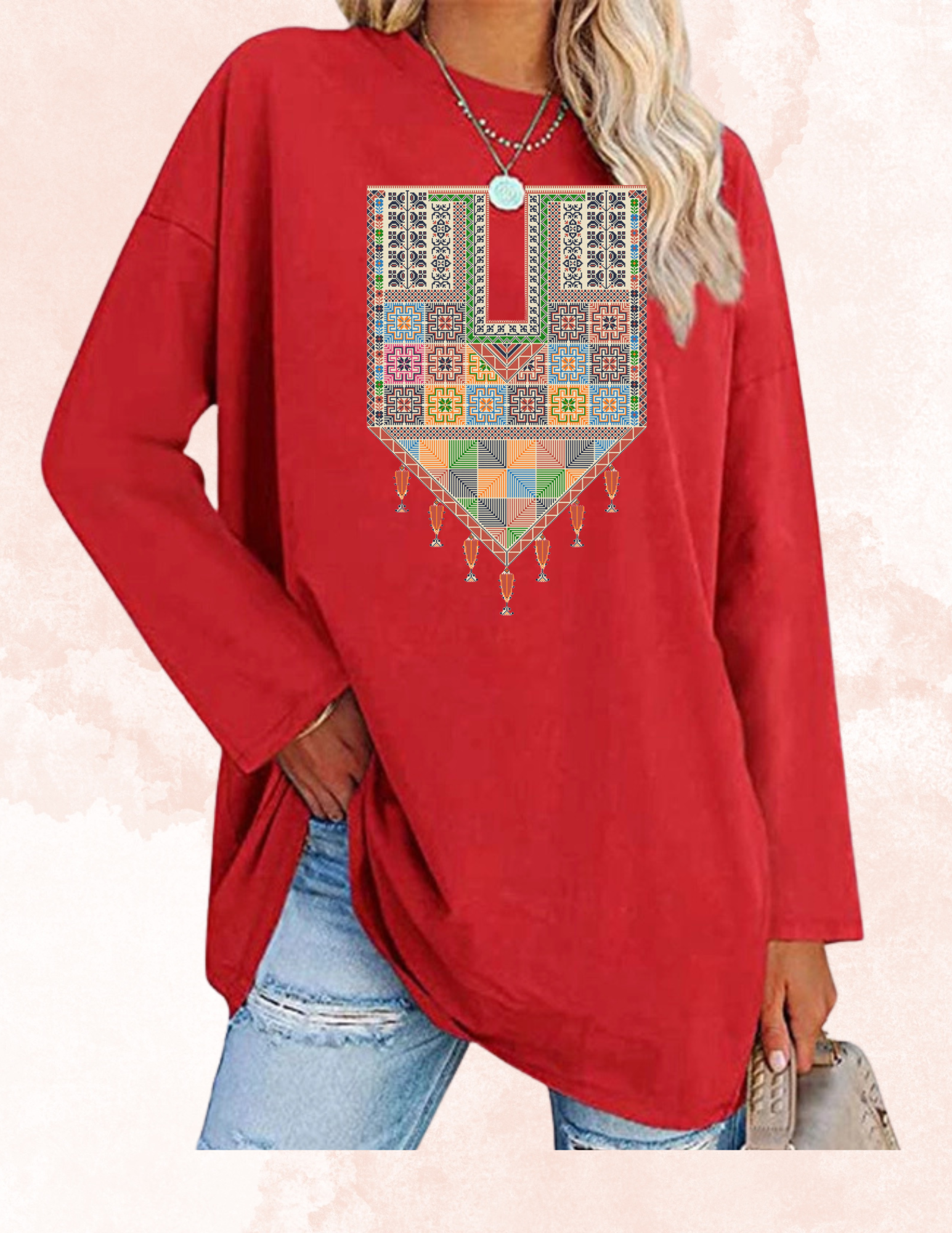 Red Traditional Tatreez Crewneck
